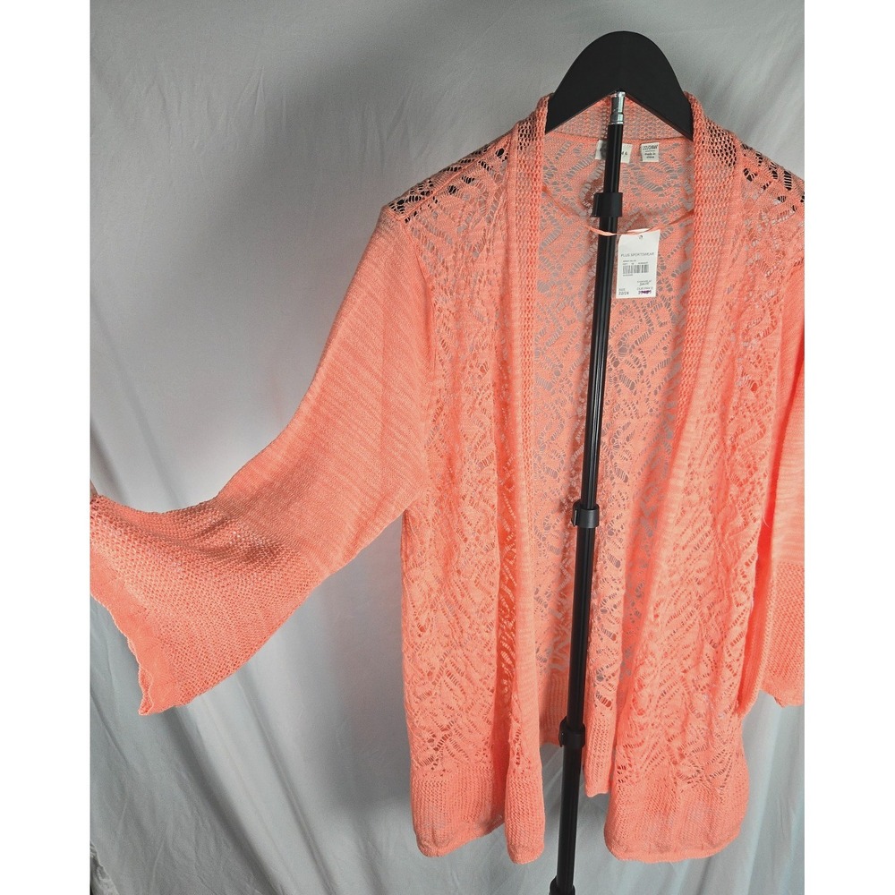 Cato Coral Open Knit Bell Sleeve Cardigan Size 22/24W Boho‎ Layering Piece NWT